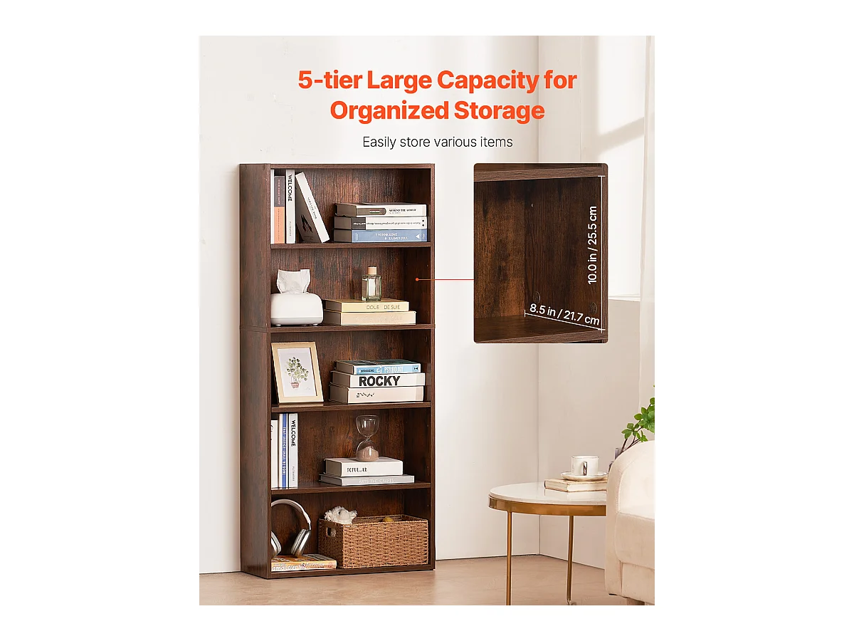 Bibliothèque SucceBuy Ouverte Étroite en Bois à 5 Niveaux de 135CM avec Étagère Réglable en Brun