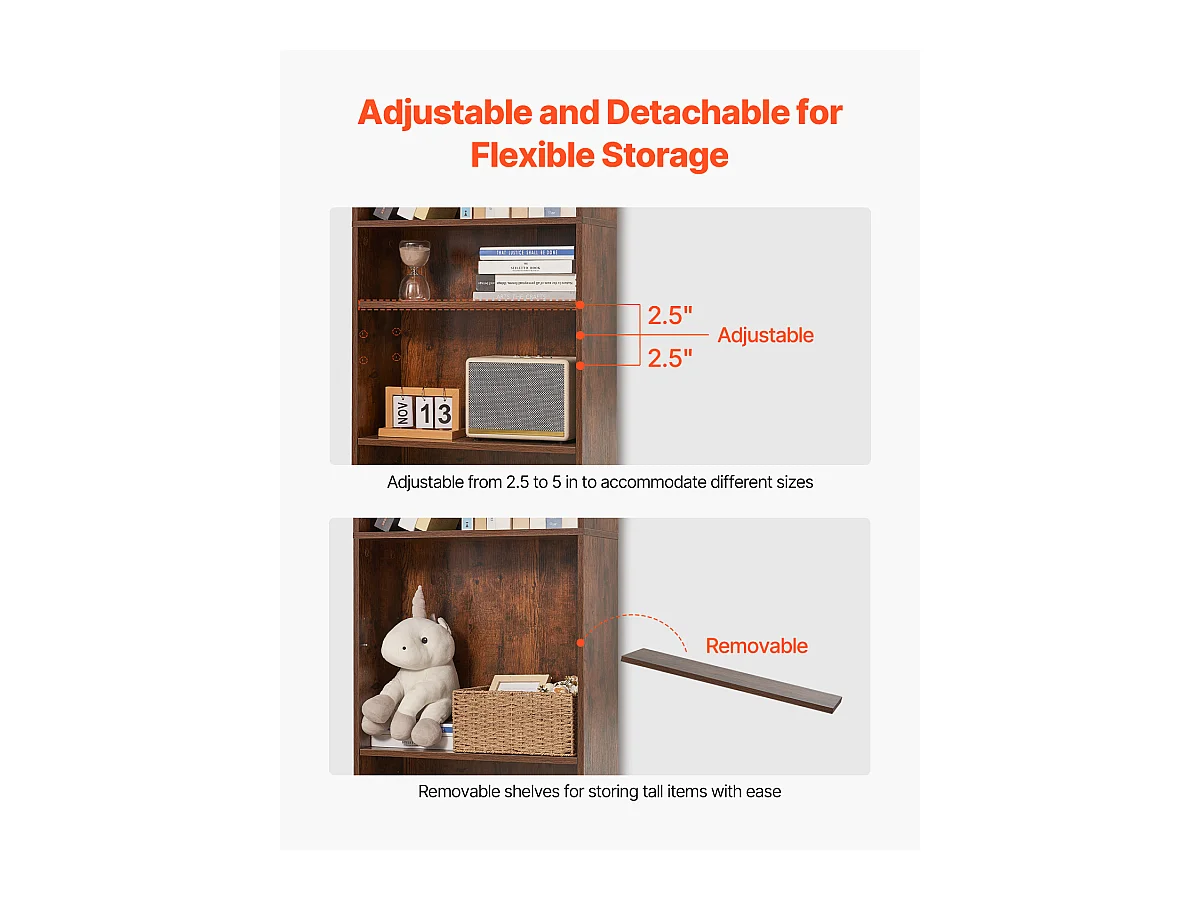 Bibliothèque SucceBuy Ouverte Étroite en Bois à 5 Niveaux de 135CM avec Étagère Réglable en Brun