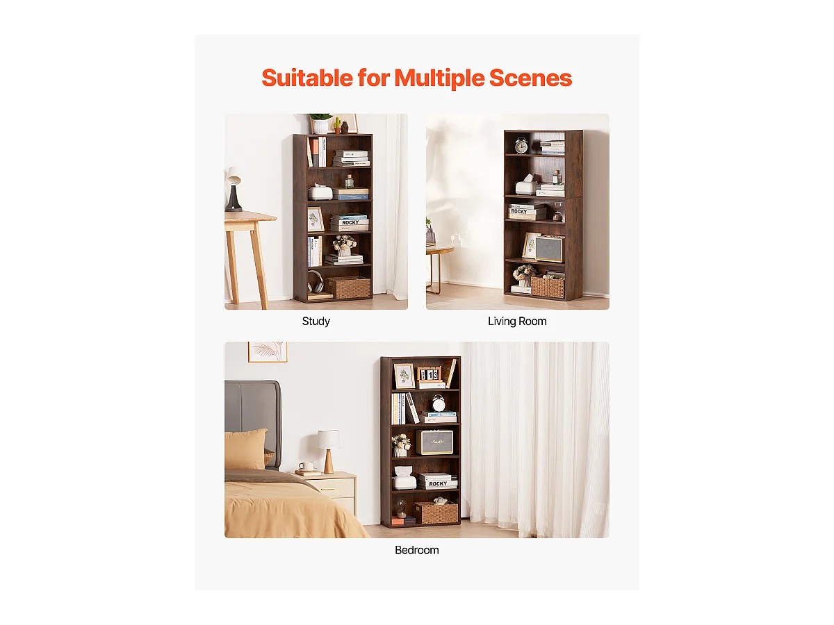 Bibliothèque SucceBuy Ouverte Étroite en Bois à 5 Niveaux de 135CM avec Étagère Réglable en Brun