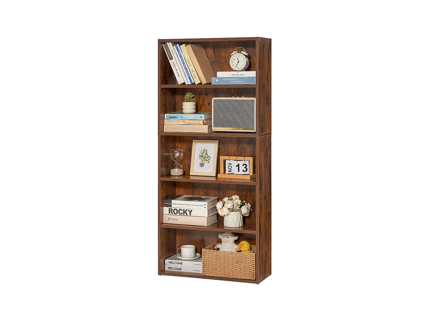 Bibliothèque SucceBuy Ouverte Étroite en Bois à 5 Niveaux de 135CM avec Étagère Réglable en Brun