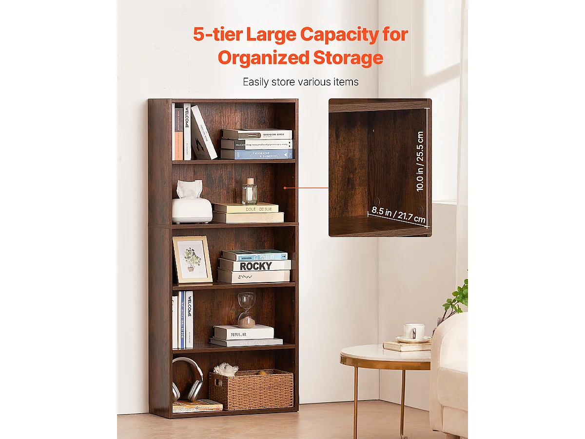 Bibliothèque SucceBuy Ouverte Étroite en Bois à 5 Niveaux de 135CM avec Étagère Réglable en Brun