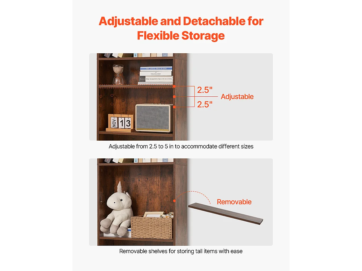 Bibliothèque SucceBuy Ouverte Étroite en Bois à 5 Niveaux de 135CM avec Étagère Réglable en Brun