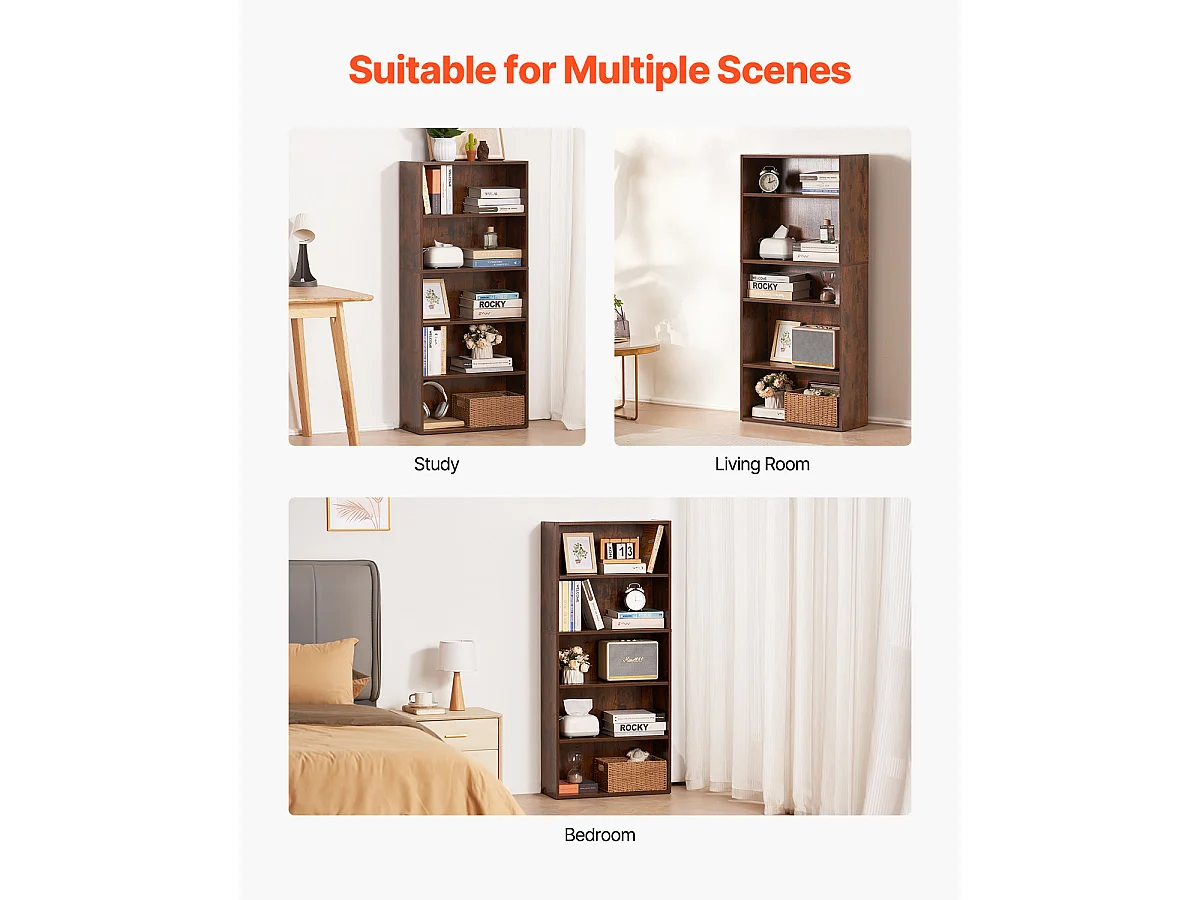 Bibliothèque SucceBuy Ouverte Étroite en Bois à 5 Niveaux de 135CM avec Étagère Réglable en Brun