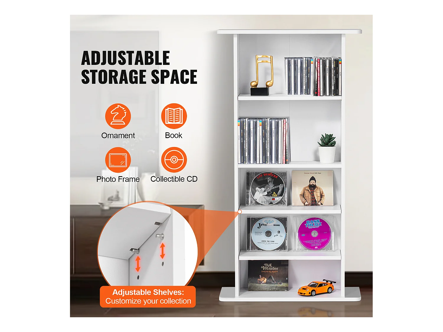 Meuble de Rangement Multimédia Réglable SucceBuy à 5 Niveaux, Pouvant Contenir 240 CD, Blanc