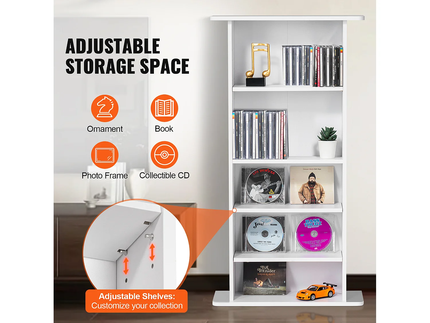 Meuble de Rangement Multimédia Réglable SucceBuy à 5 Niveaux, Pouvant Contenir 240 CD, Blanc