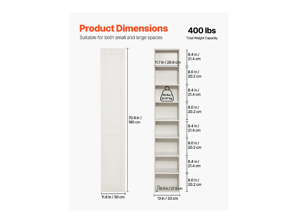 Bibliothèque SucceBuy Ouverte Étroite à 8 Niveaux en Bois de 180CM avec Étagère Réglable, en Blanc