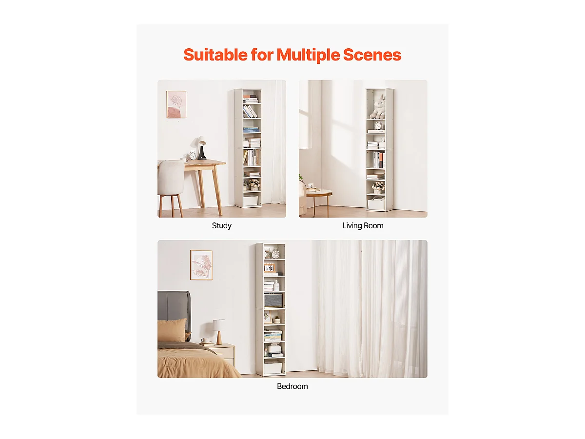 Bibliothèque SucceBuy Ouverte Étroite à 8 Niveaux en Bois de 180CM avec Étagère Réglable, en Blanc