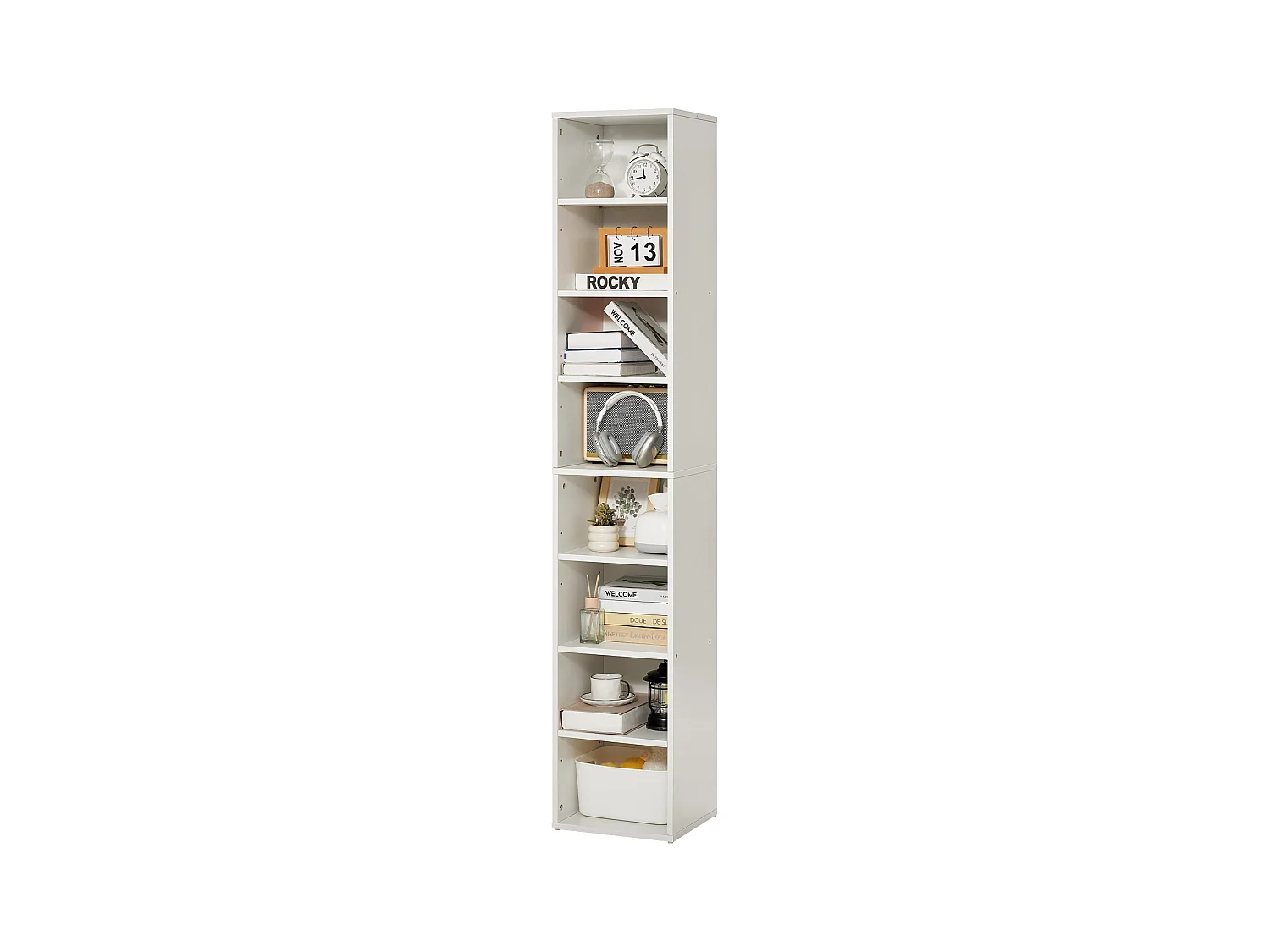 Open Smalle SucceBuy-bibliotheek met 8 Niveaus in Hout van 180CM, met Aanpasbare Etage, Wit