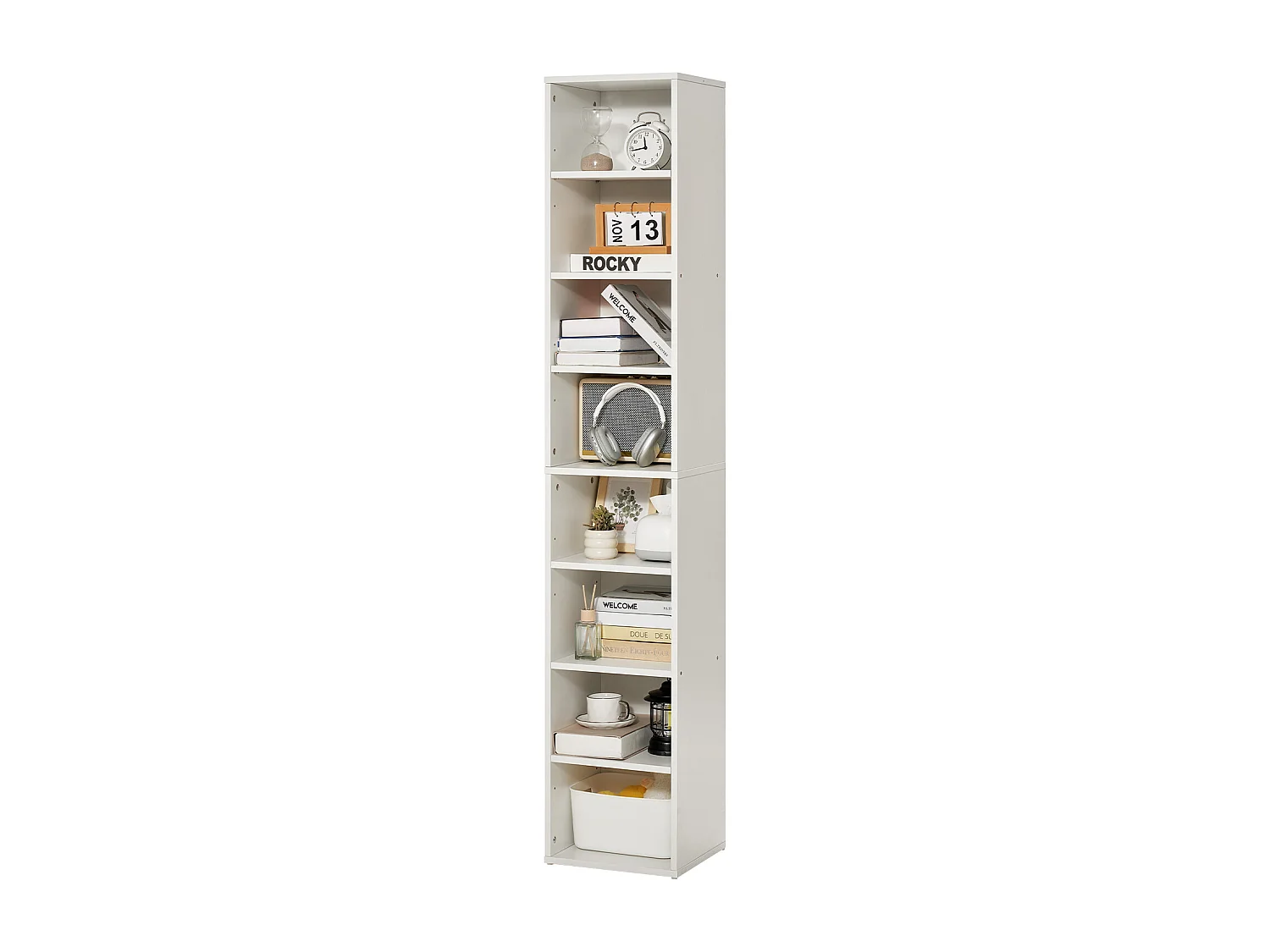 Biblioteca SucceBuy Aperta Stretta a 8 Livelli in Legno di 180CM con Gradino Regolabile, in Bianco