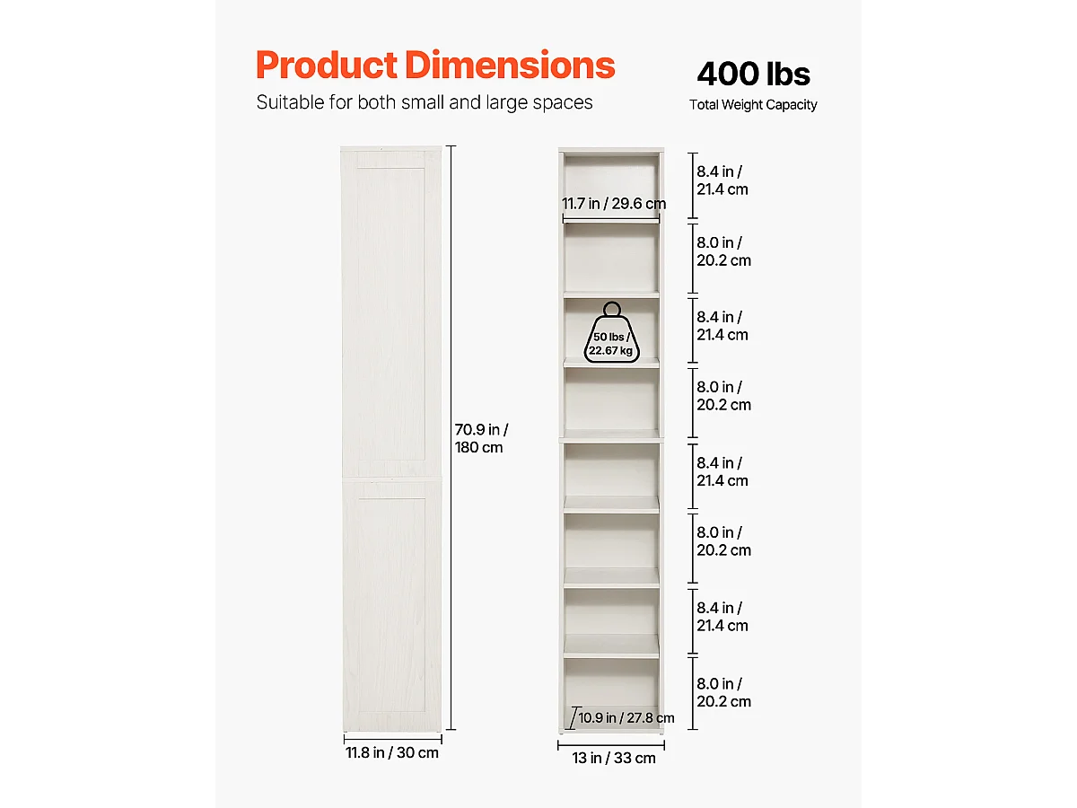 Biblioteca SucceBuy Aperta Stretta a 8 Livelli in Legno di 180CM con Gradino Regolabile, in Bianco