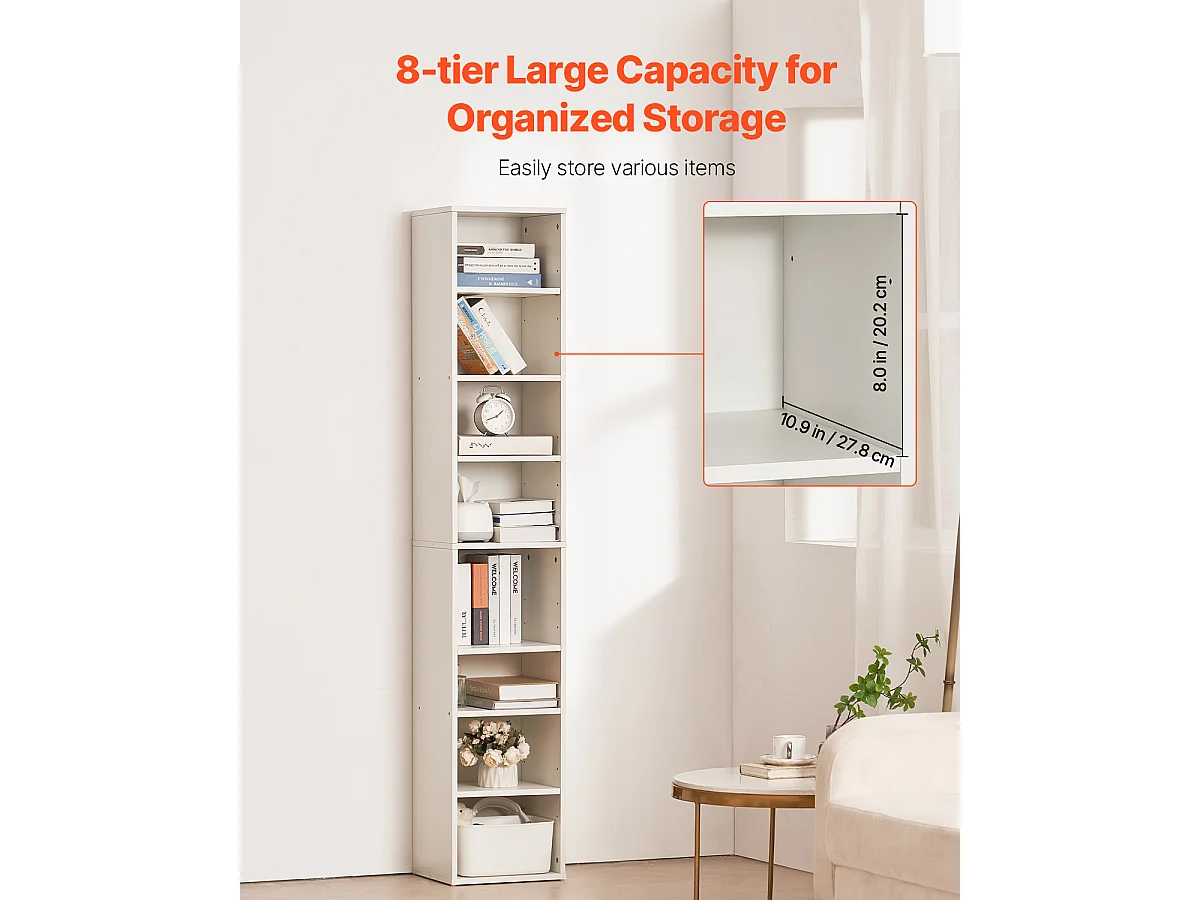 Biblioteca SucceBuy Aperta Stretta a 8 Livelli in Legno di 180CM con Gradino Regolabile, in Bianco