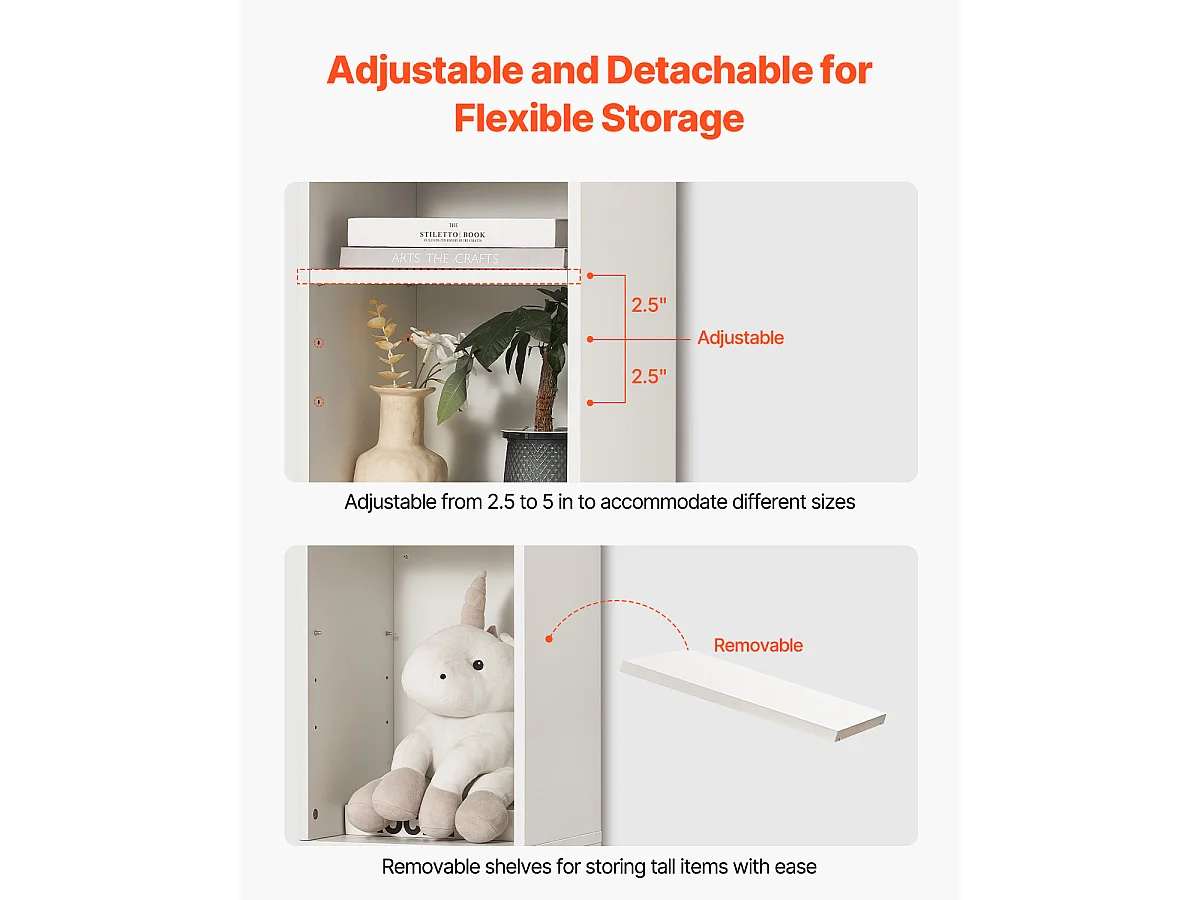 Biblioteca SucceBuy Aperta Stretta a 8 Livelli in Legno di 180CM con Gradino Regolabile, in Bianco