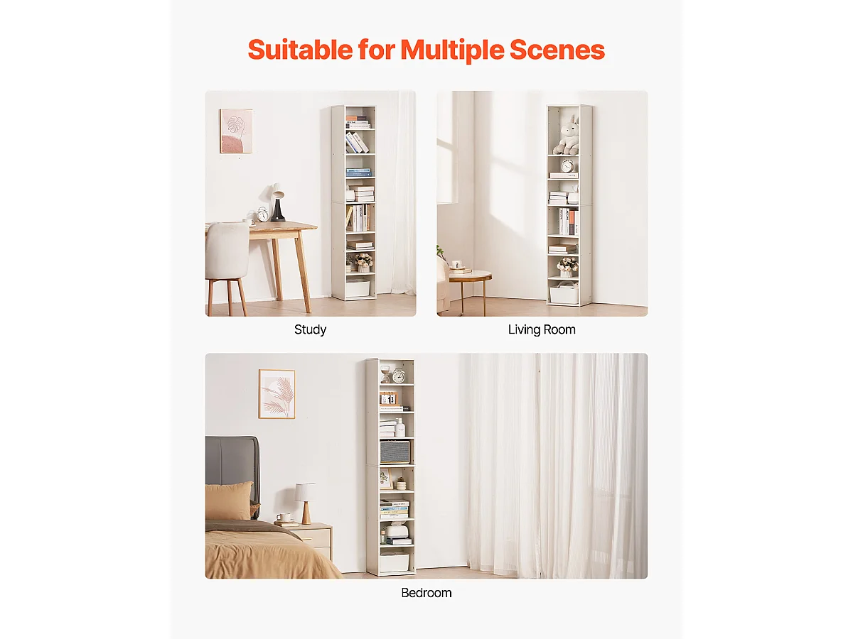 Biblioteca SucceBuy Aperta Stretta a 8 Livelli in Legno di 180CM con Gradino Regolabile, in Bianco