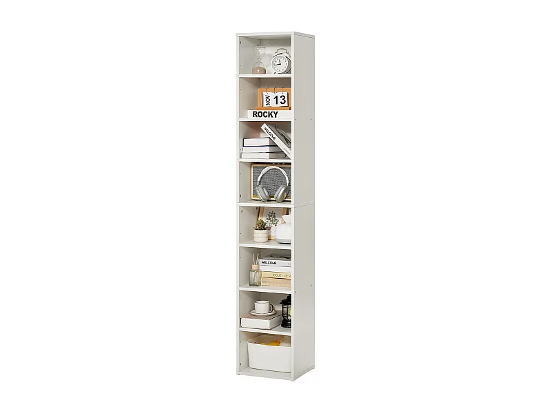 Biblioteca SucceBuy Aperta Stretta a 8 Livelli in Legno di 180CM con Gradino Regolabile, in Bianco