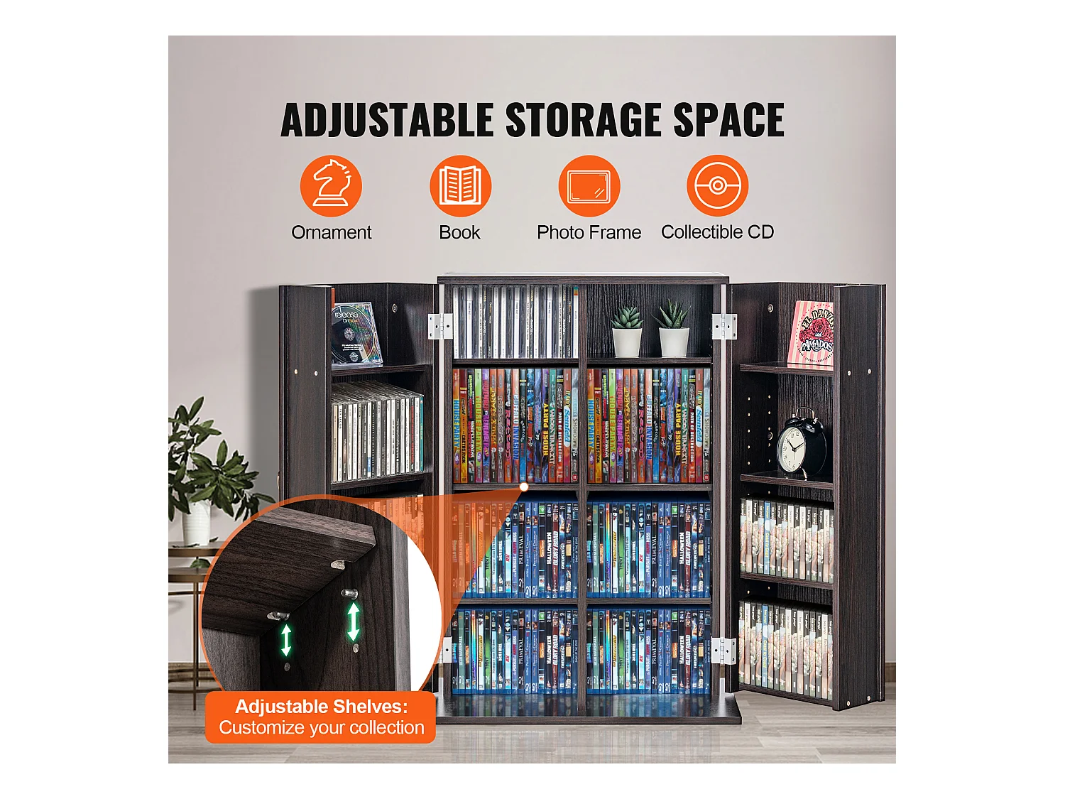 Mobile di Archiviazione Multimediale Adjustable a 4 Livelli SucceBuy, Può Contenere 576 CD, Espresso