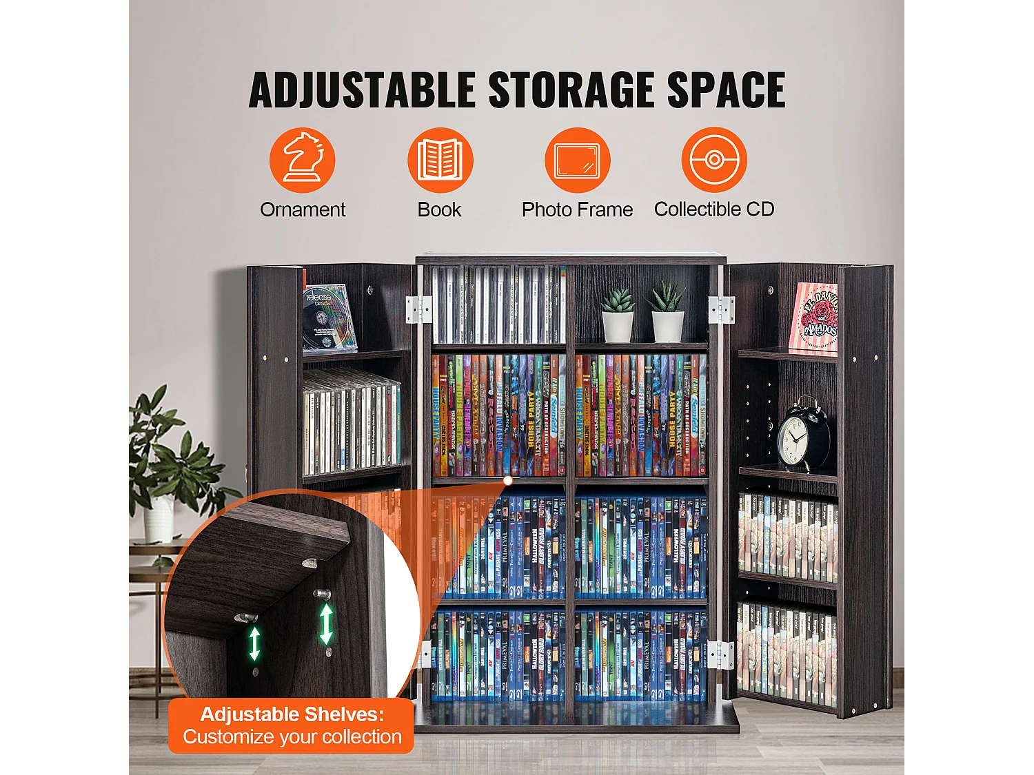 Regalmöbel Multimedien Einstellbar auf 4 Ebenen SucceBuy, Kann 576 CD Aufnehmen, Espresso