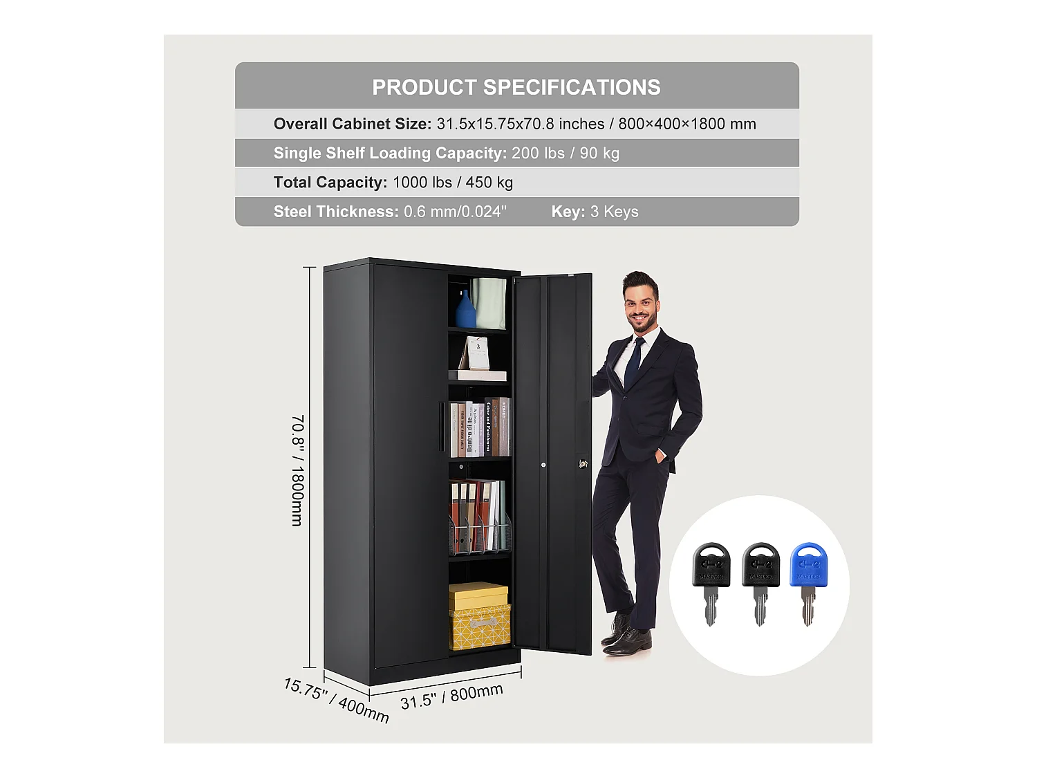 Armoire de Rangement SucceBuy en Métal. 3 Clés. Étagères Réglables. Porte Magnétique. Noir