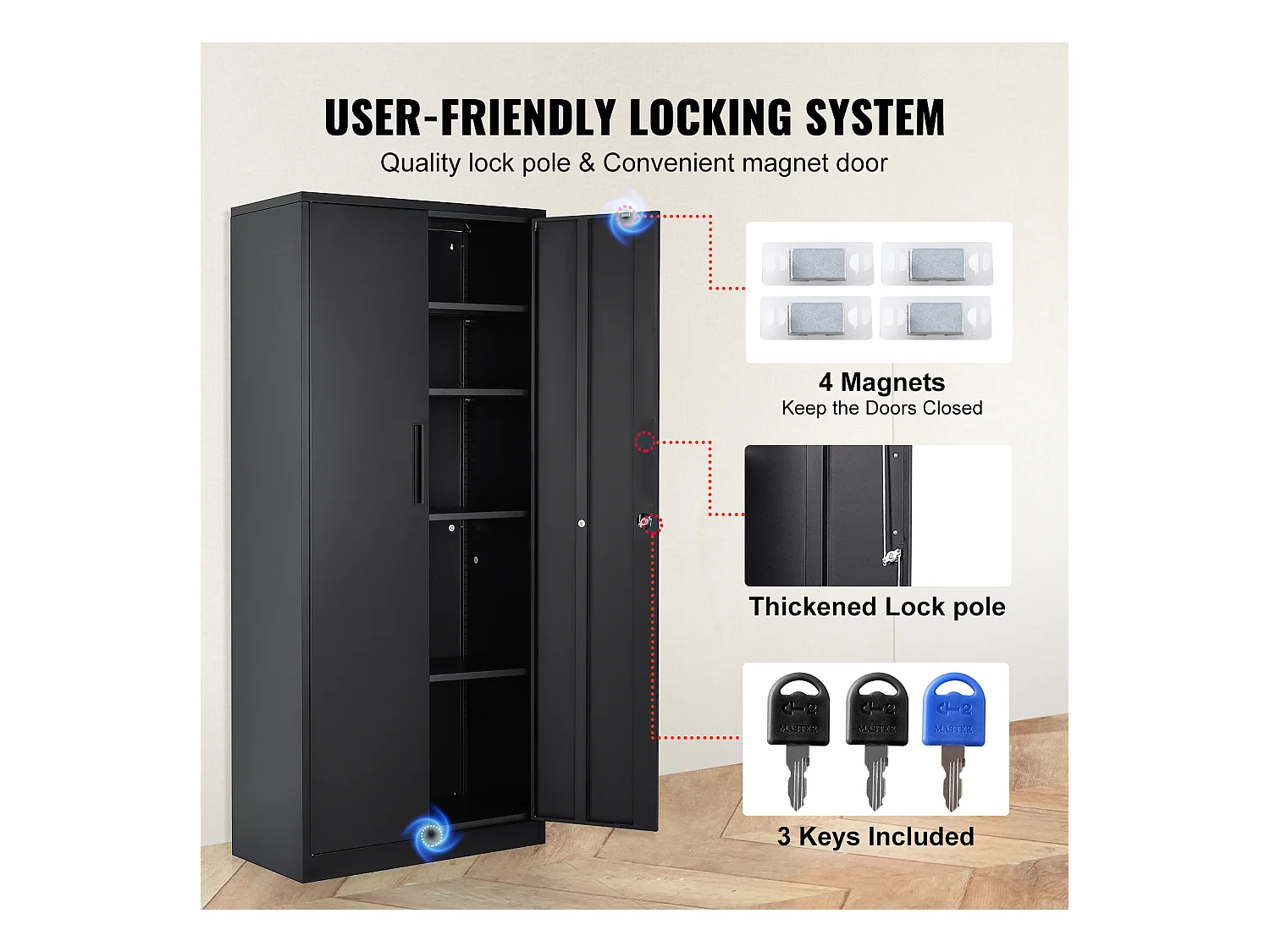 Armoire de Rangement SucceBuy en Métal. 3 Clés. Étagères Réglables. Porte Magnétique. Noir