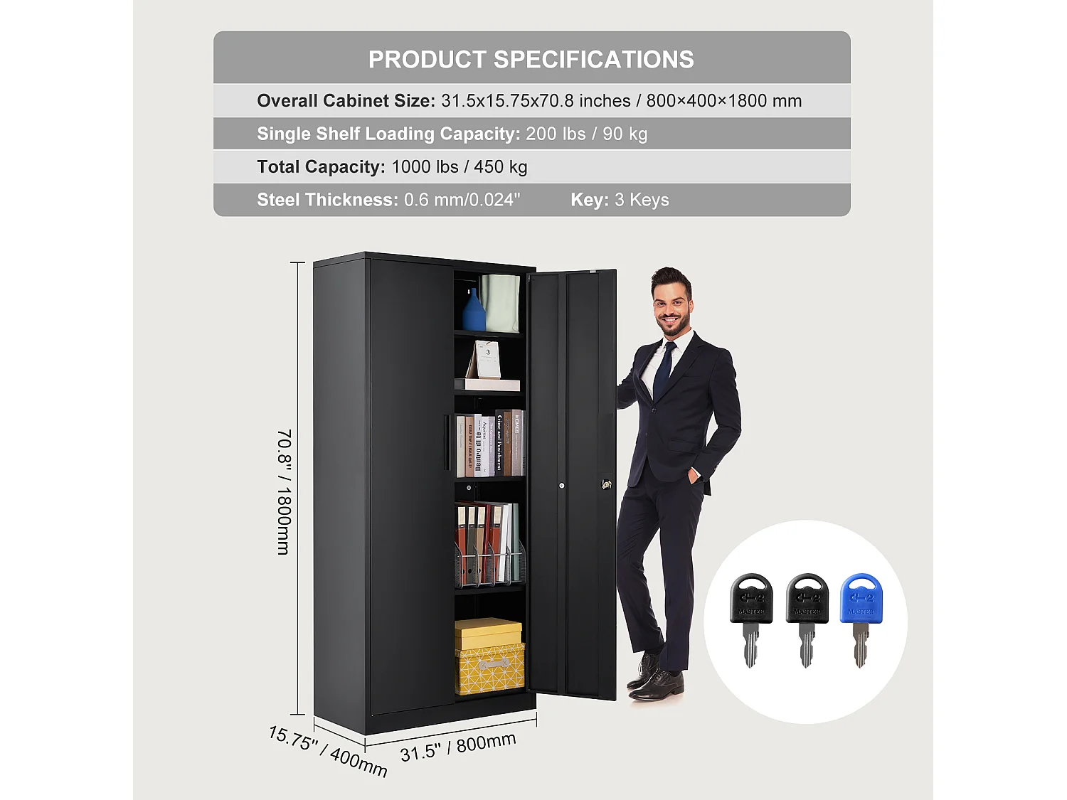 Armoire de Rangement SucceBuy en Métal. 3 Clés. Étagères Réglables. Porte Magnétique. Noir