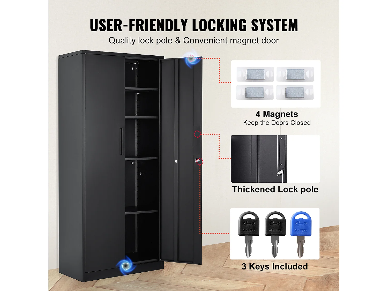 Armoire de Rangement SucceBuy en Métal. 3 Clés. Étagères Réglables. Porte Magnétique. Noir