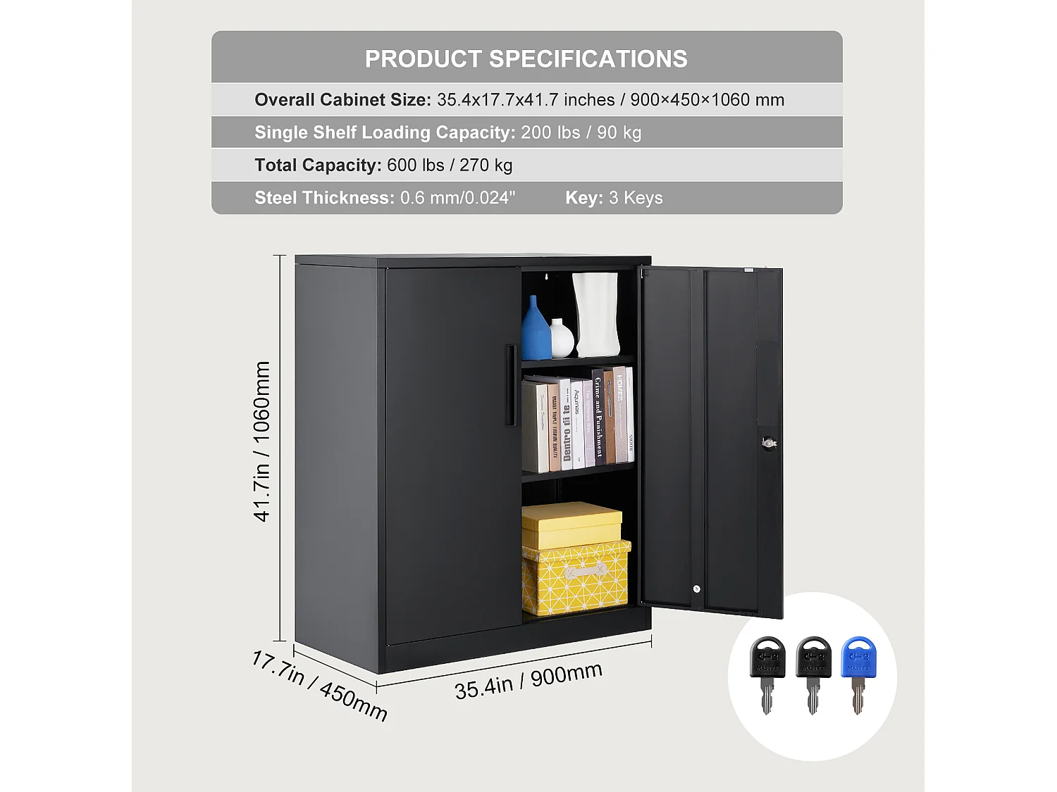 Armoire de Rangement SucceBuy en Métal. 3 Clés. 2 Étagères Réglables. Porte Magnétique. Noir.