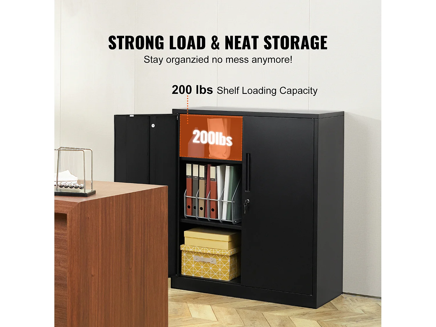 Armoire de Rangement SucceBuy en Métal. 3 Clés. 2 Étagères Réglables. Porte Magnétique. Noir.