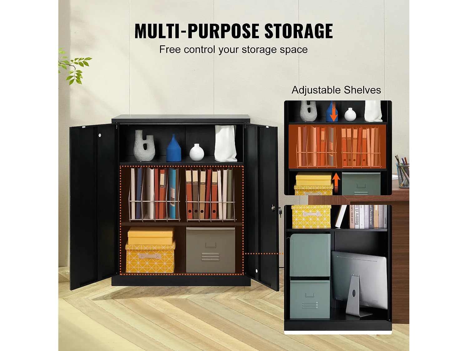 Armoire de Rangement SucceBuy en Métal. 3 Clés. 2 Étagères Réglables. Porte Magnétique. Noir.