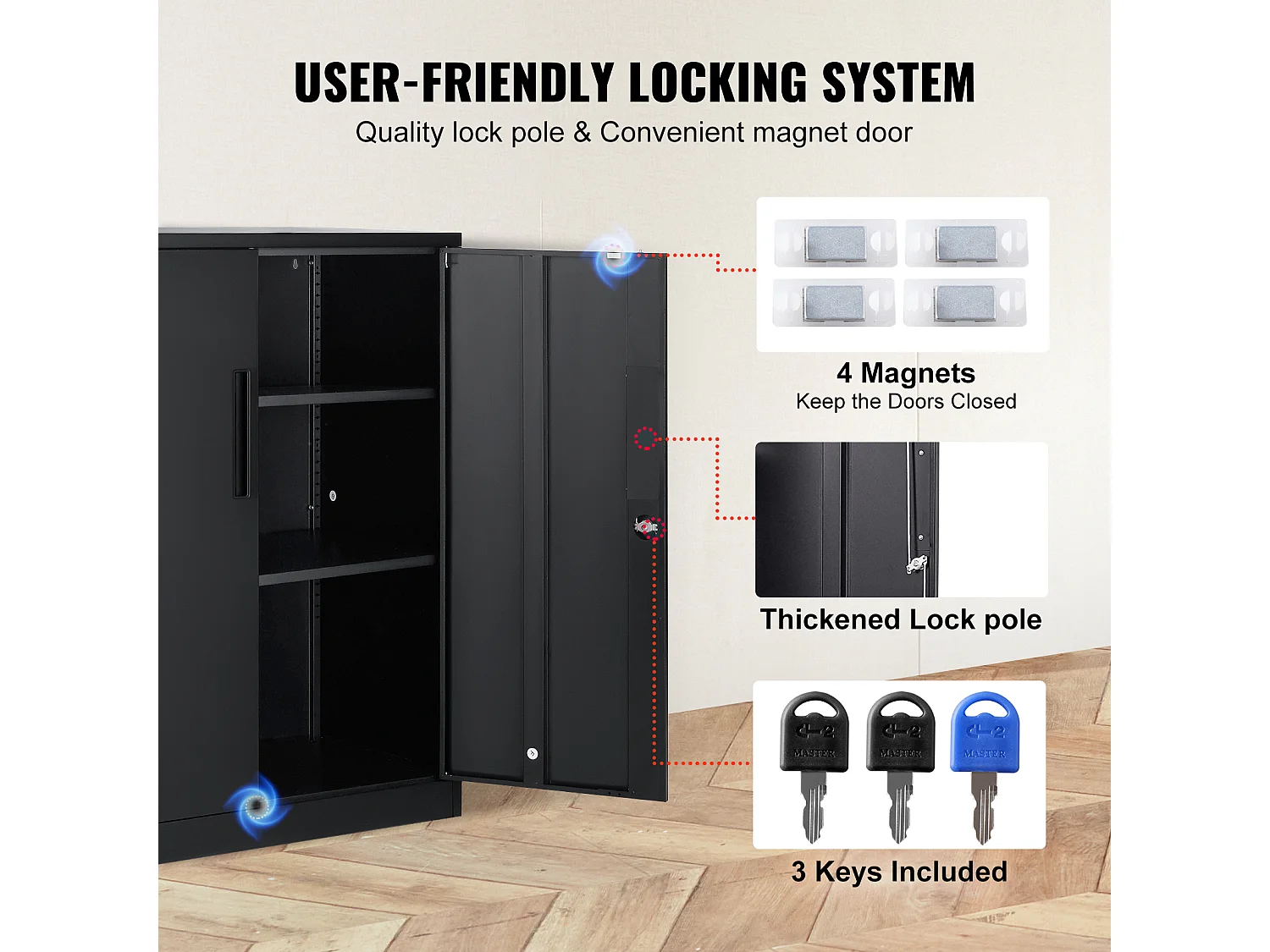 Armoire de Rangement SucceBuy en Métal. 3 Clés. 2 Étagères Réglables. Porte Magnétique. Noir.