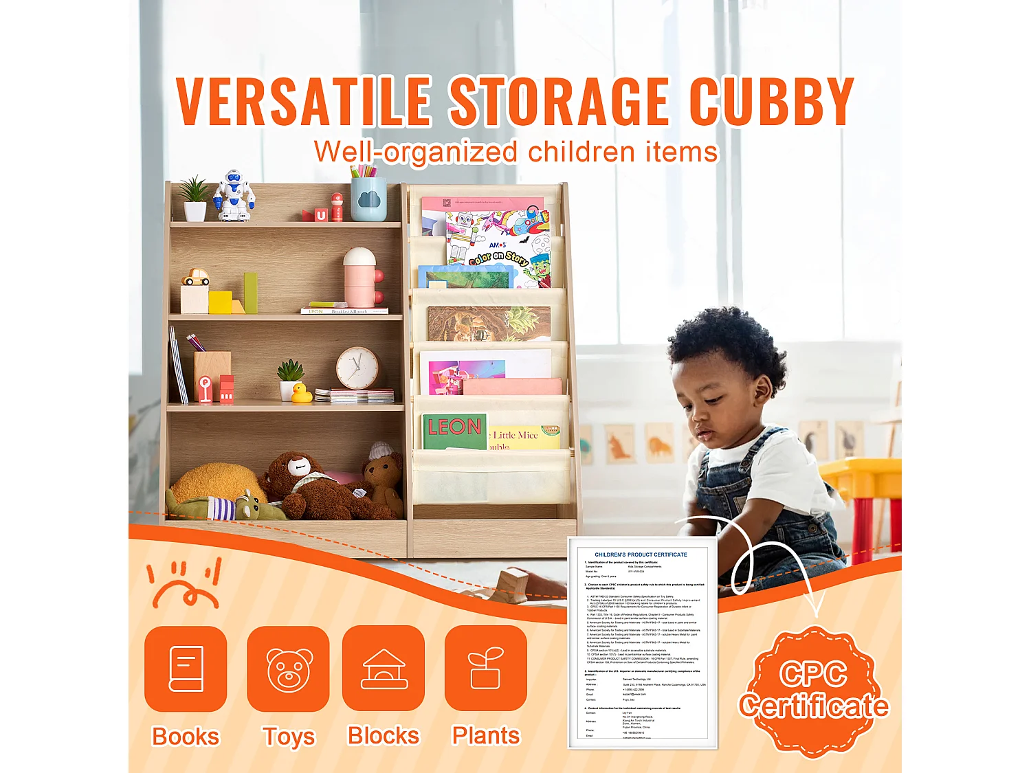 Bibliothèque SucceBuy en Bois à 4 Niveaux pour Enfants avec Sangle à Six Niveaux pour Livres et Jouets