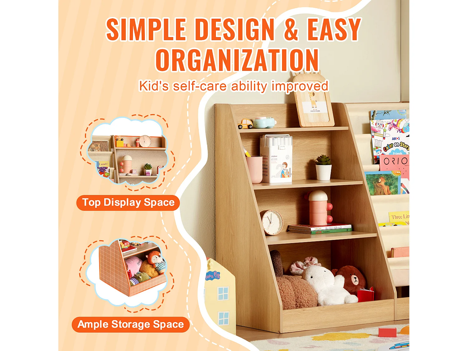 Bibliothèque SucceBuy en Bois à 4 Niveaux pour Enfants avec Sangle à Six Niveaux pour Livres et Jouets