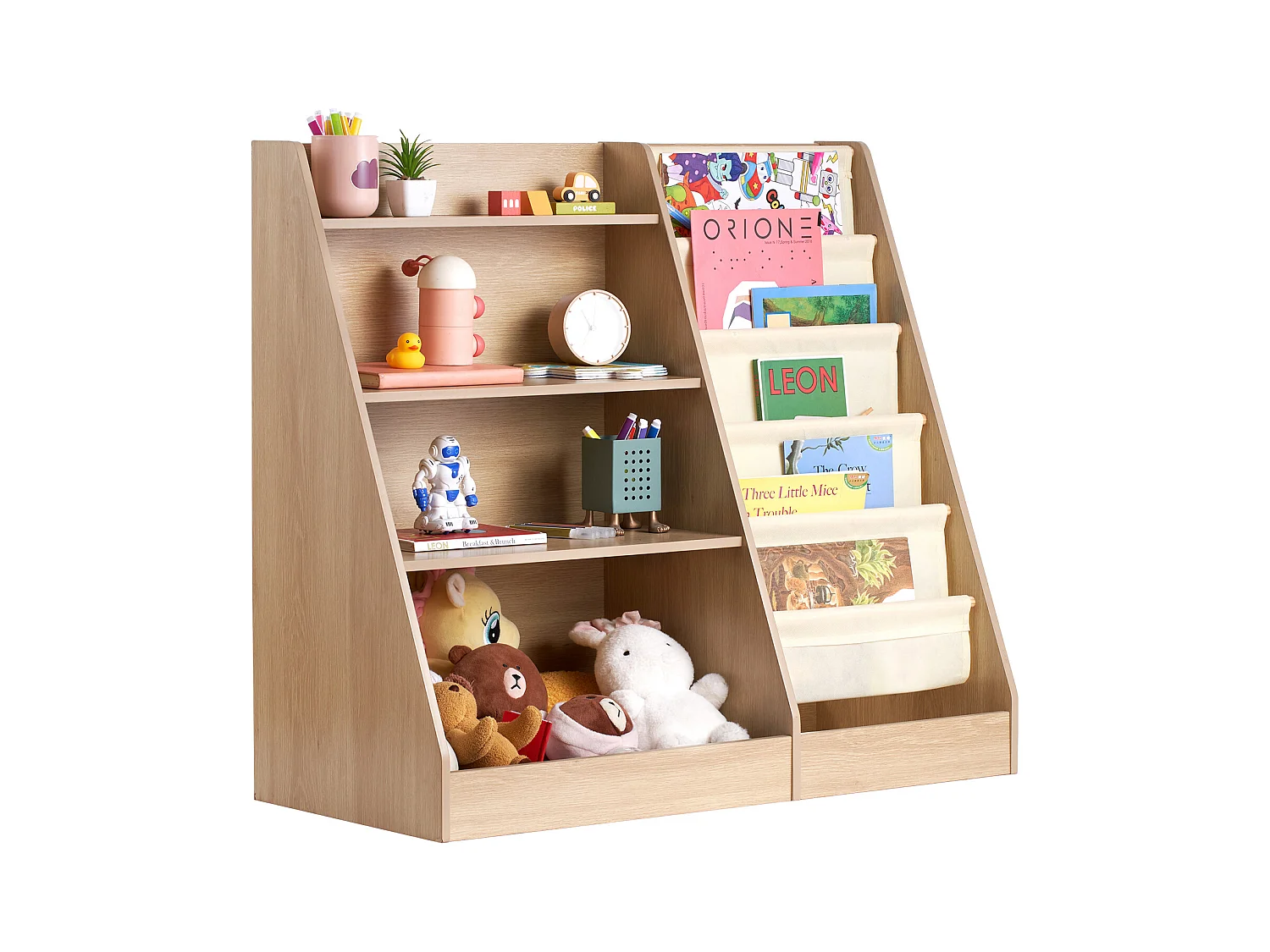 Boekenkast SucceBuy van Hout met 4 Niveaus voor Kinderen met Gordel aan Zes Niveaus voor Boeken en Speelgoed