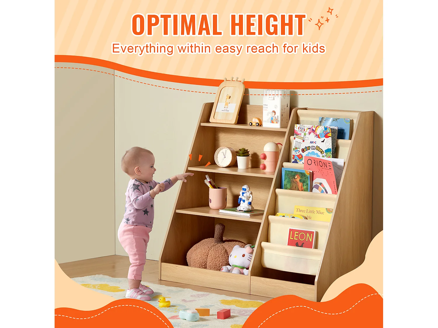 Bibliothèque SucceBuy en Bois à 4 Niveaux pour Enfants avec Sangle à Six Niveaux pour Livres et Jouets