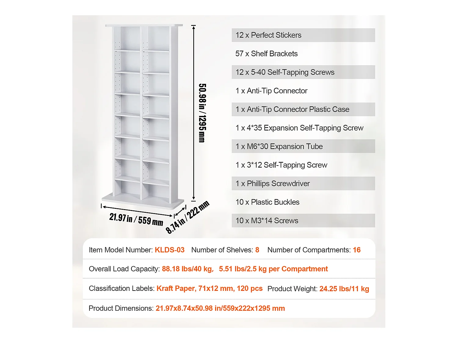 Meuble de Rangement Multimédia SucceBuy, 8 Niveaux, Étagère DVD Réglable pour 464 CD, Blanc