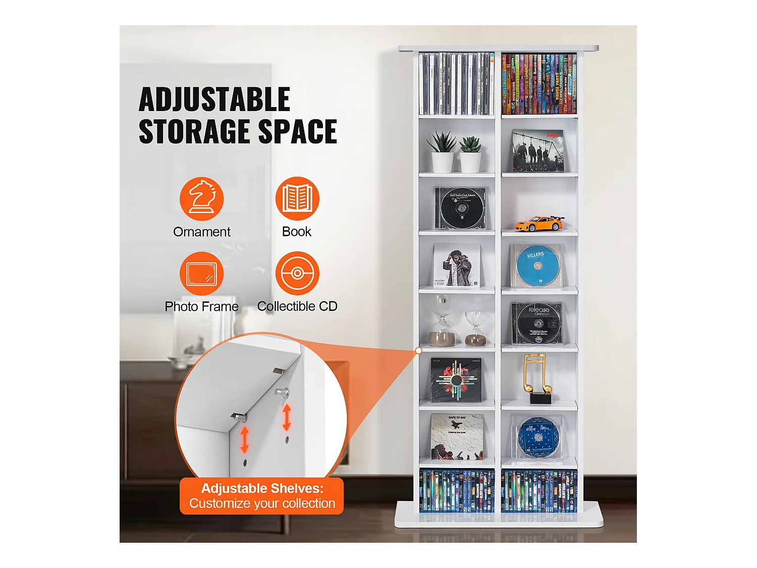 Meuble de Rangement Multimédia SucceBuy, 8 Niveaux, Étagère DVD Réglable pour 464 CD, Blanc