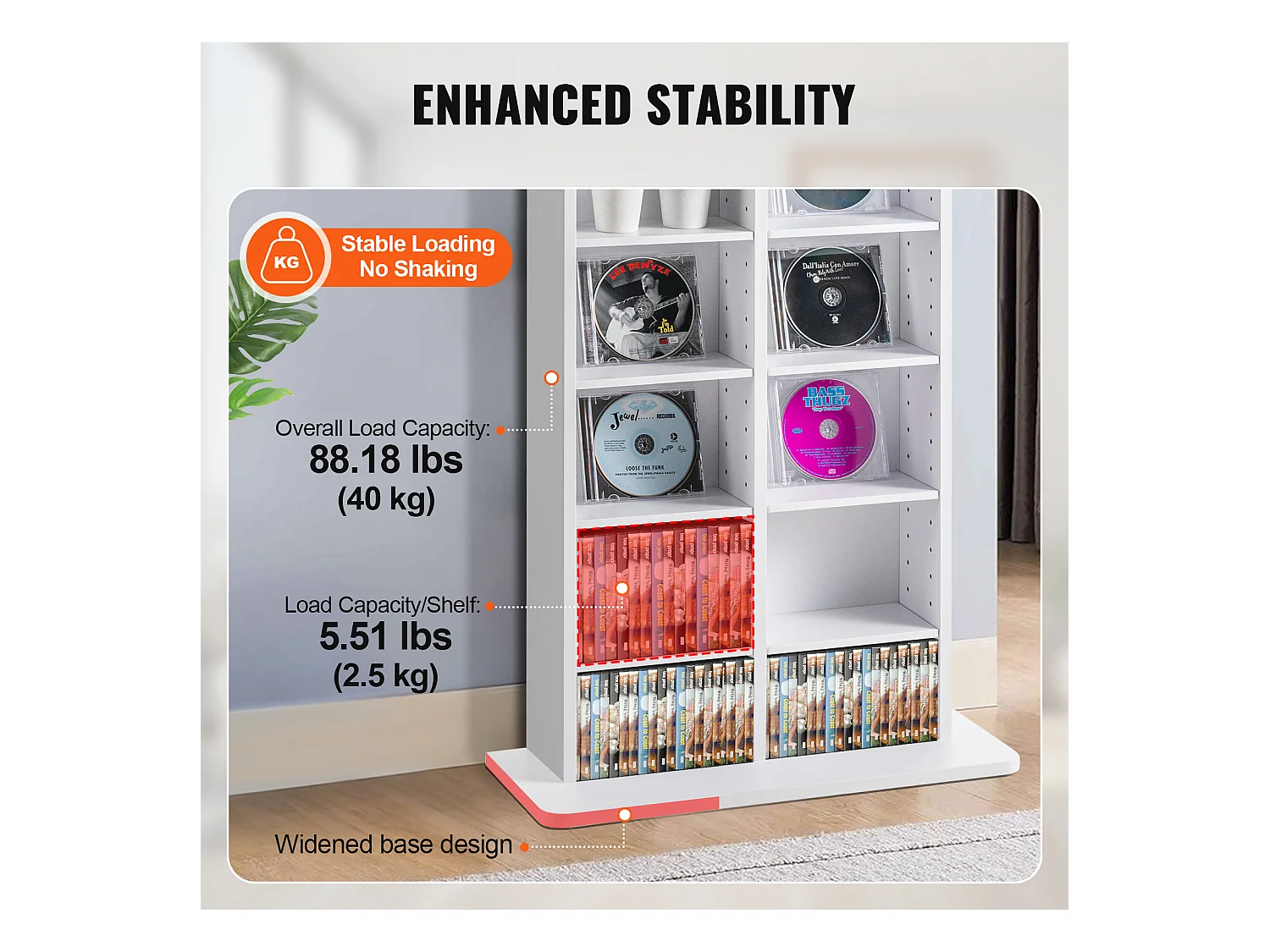 Meuble de Rangement Multimédia SucceBuy, 8 Niveaux, Étagère DVD Réglable pour 464 CD, Blanc