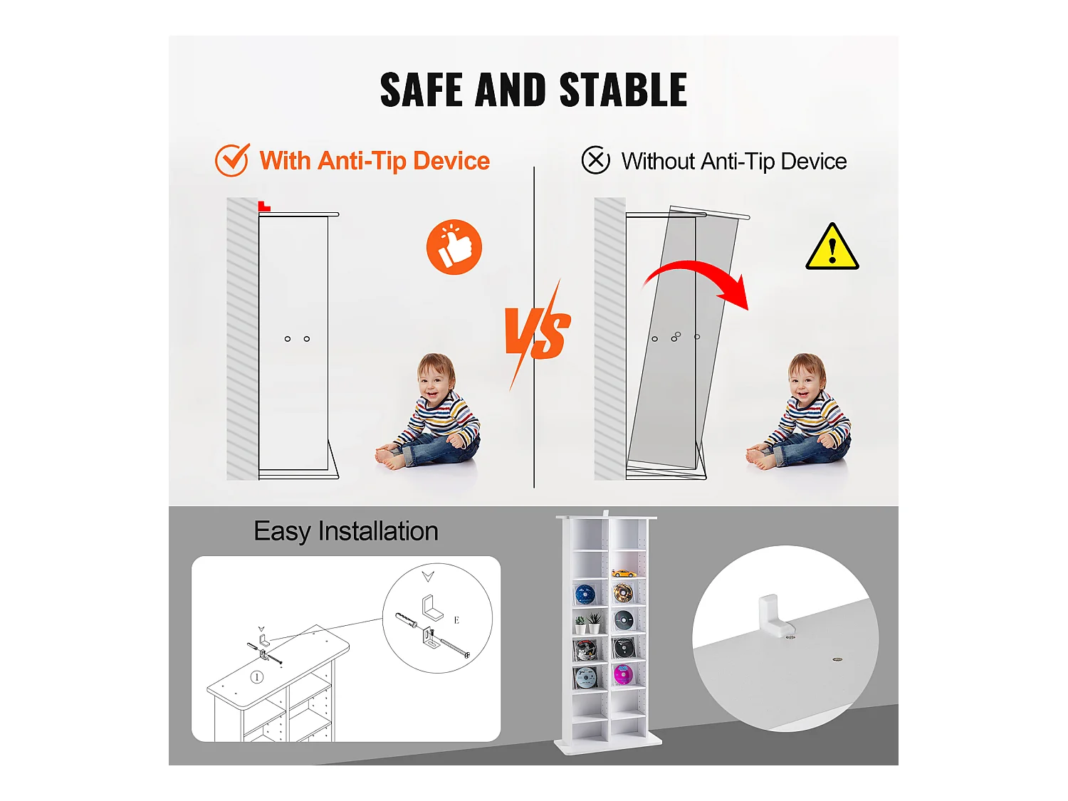 Meuble de Rangement Multimédia SucceBuy, 8 Niveaux, Étagère DVD Réglable pour 464 CD, Blanc