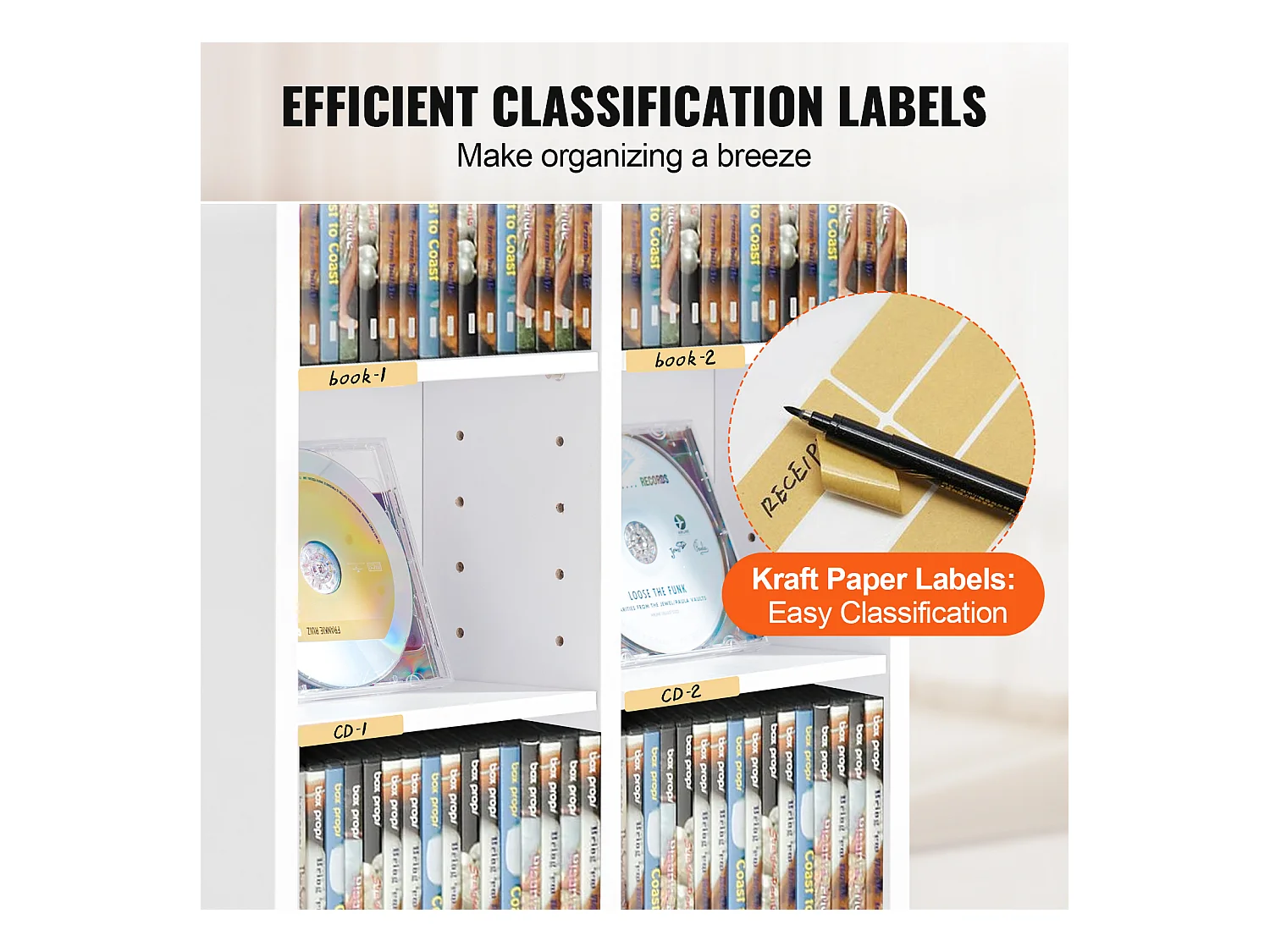 Meuble de Rangement Multimédia SucceBuy, 8 Niveaux, Étagère DVD Réglable pour 464 CD, Blanc