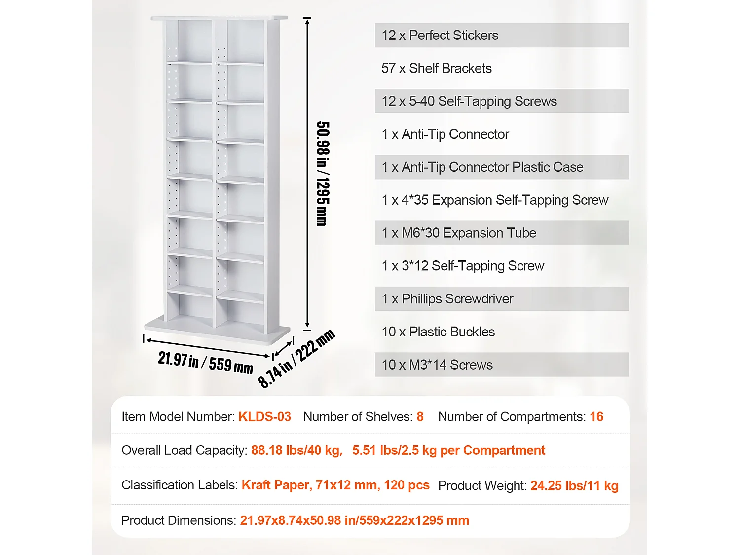 Meuble de Rangement Multimédia SucceBuy, 8 Niveaux, Étagère DVD Réglable pour 464 CD, Blanc