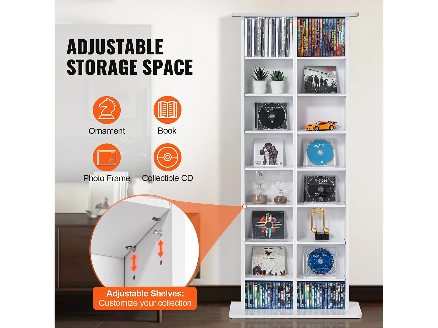 Meuble de Rangement Multimédia SucceBuy, 8 Niveaux, Étagère DVD Réglable pour 464 CD, Blanc