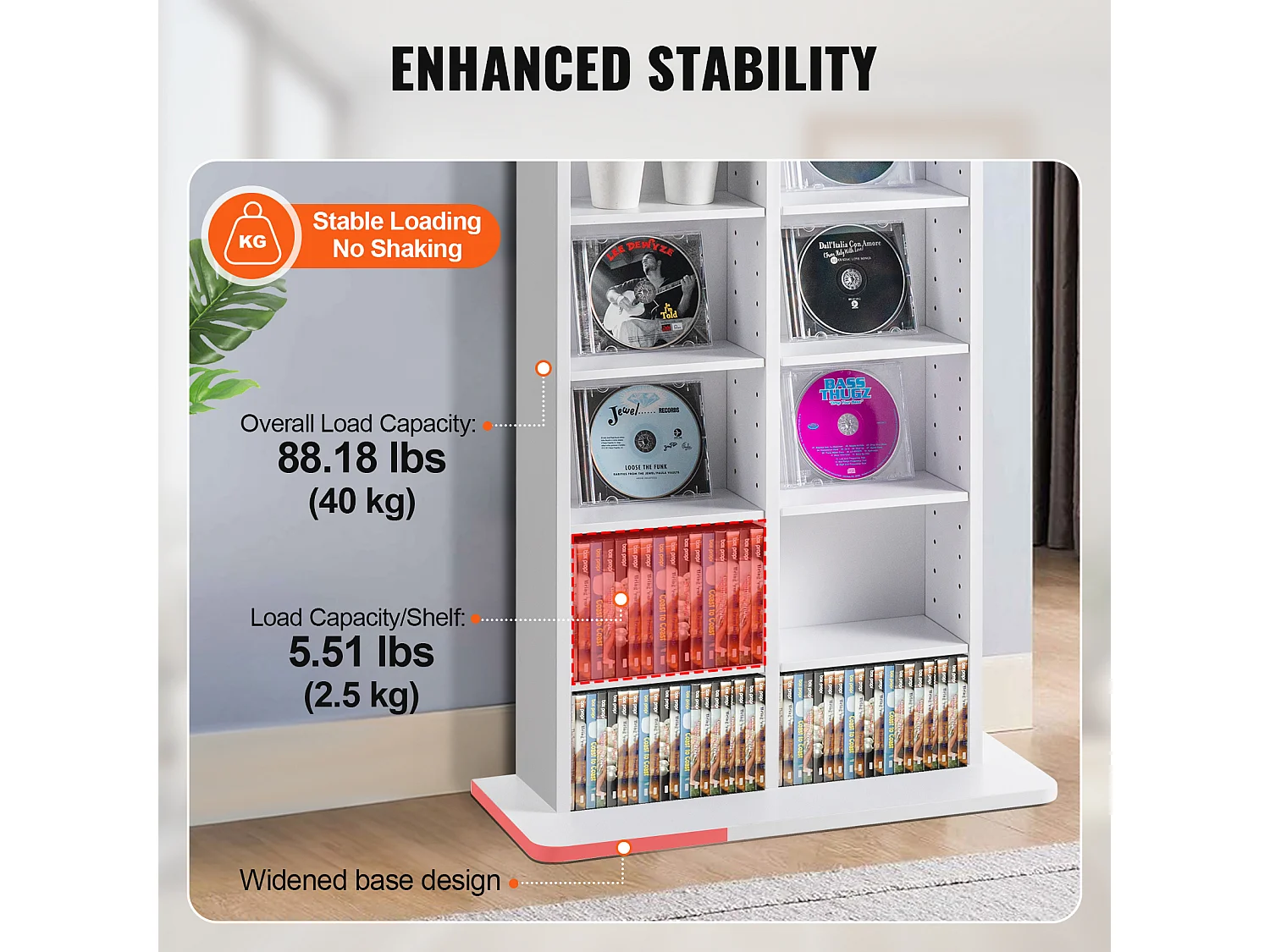 Meuble de Rangement Multimédia SucceBuy, 8 Niveaux, Étagère DVD Réglable pour 464 CD, Blanc