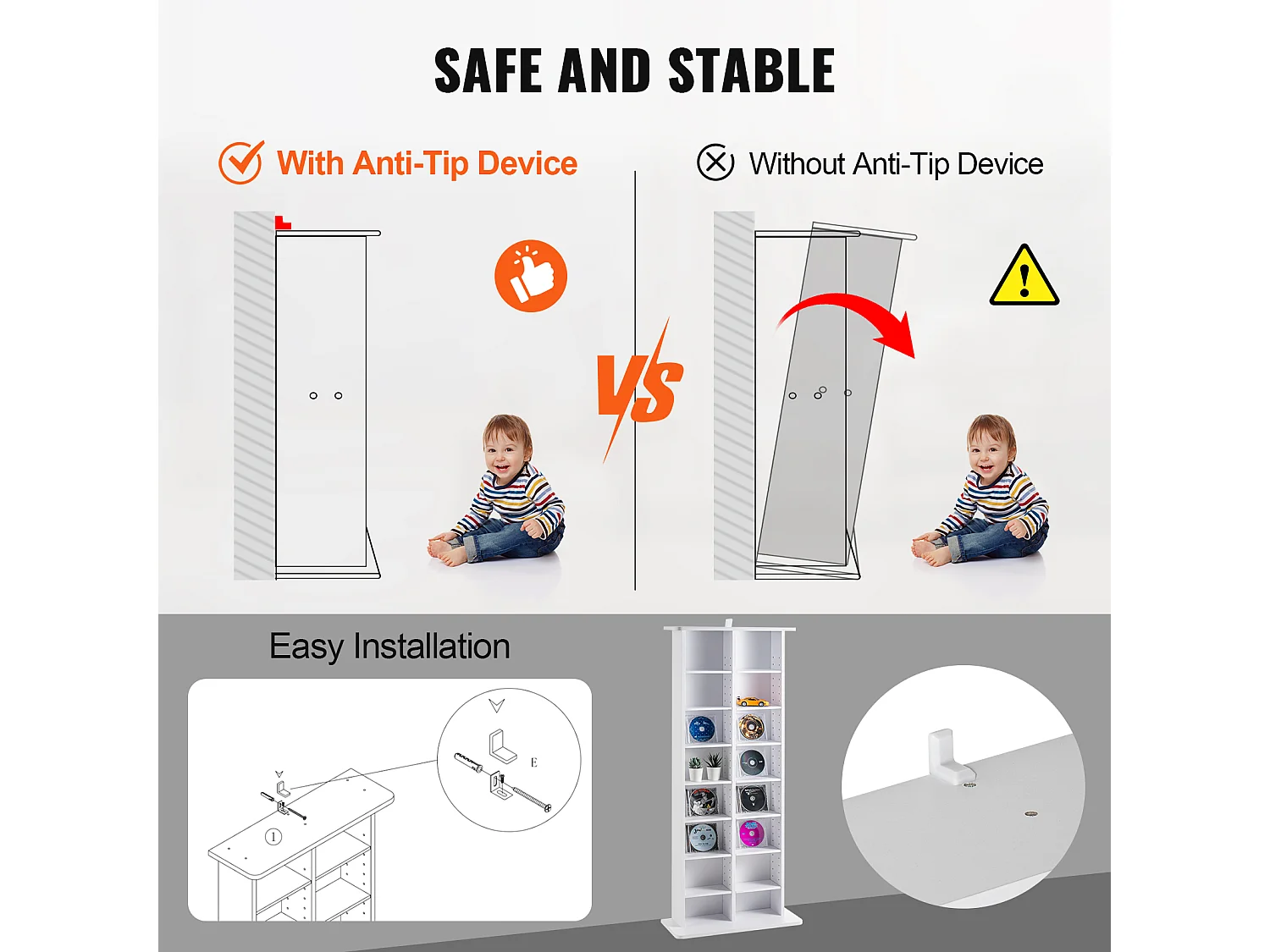 Meuble de Rangement Multimédia SucceBuy, 8 Niveaux, Étagère DVD Réglable pour 464 CD, Blanc