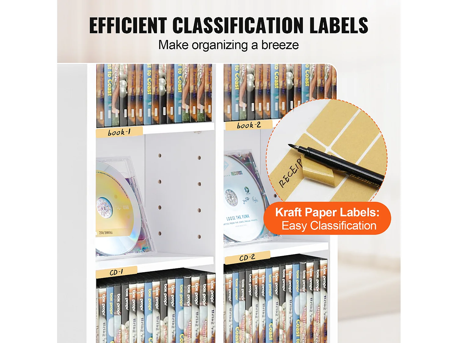 Meuble de Rangement Multimédia SucceBuy, 8 Niveaux, Étagère DVD Réglable pour 464 CD, Blanc