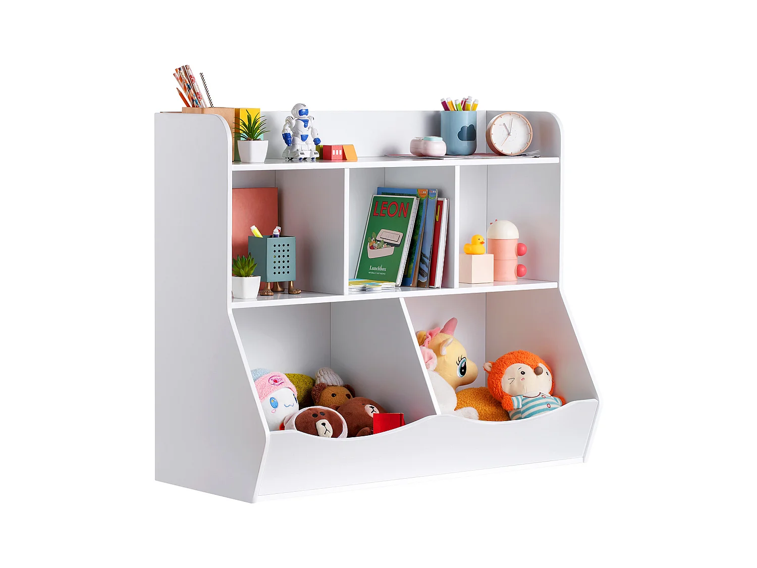 Casier de Rangement SucceBuy pour Enfants en Bois avec Étagère à Livres, 5 Compartiments, Blanc