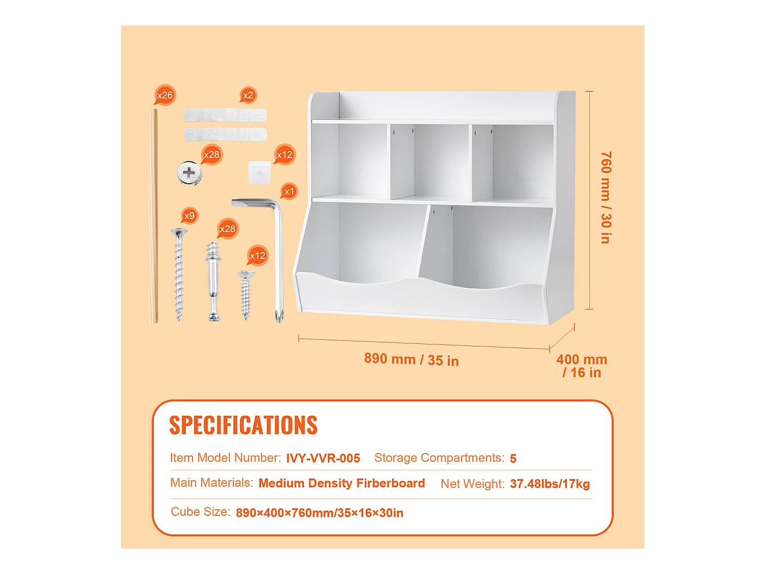 Casier de Rangement SucceBuy pour Enfants en Bois avec Étagère à Livres, 5 Compartiments, Blanc