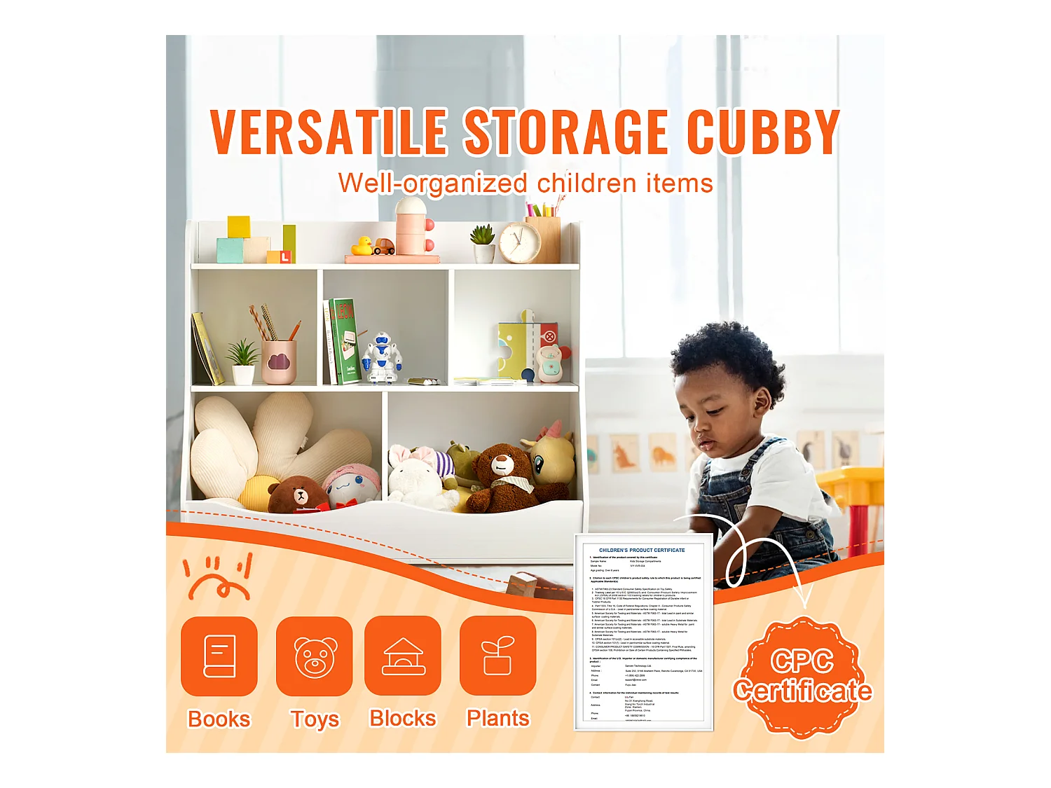 Casier de Rangement SucceBuy pour Enfants en Bois avec Étagère à Livres, 5 Compartiments, Blanc