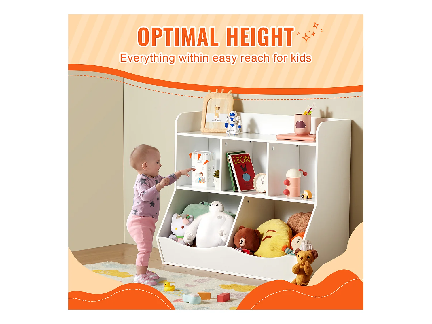 Casier de Rangement SucceBuy pour Enfants en Bois avec Étagère à Livres, 5 Compartiments, Blanc