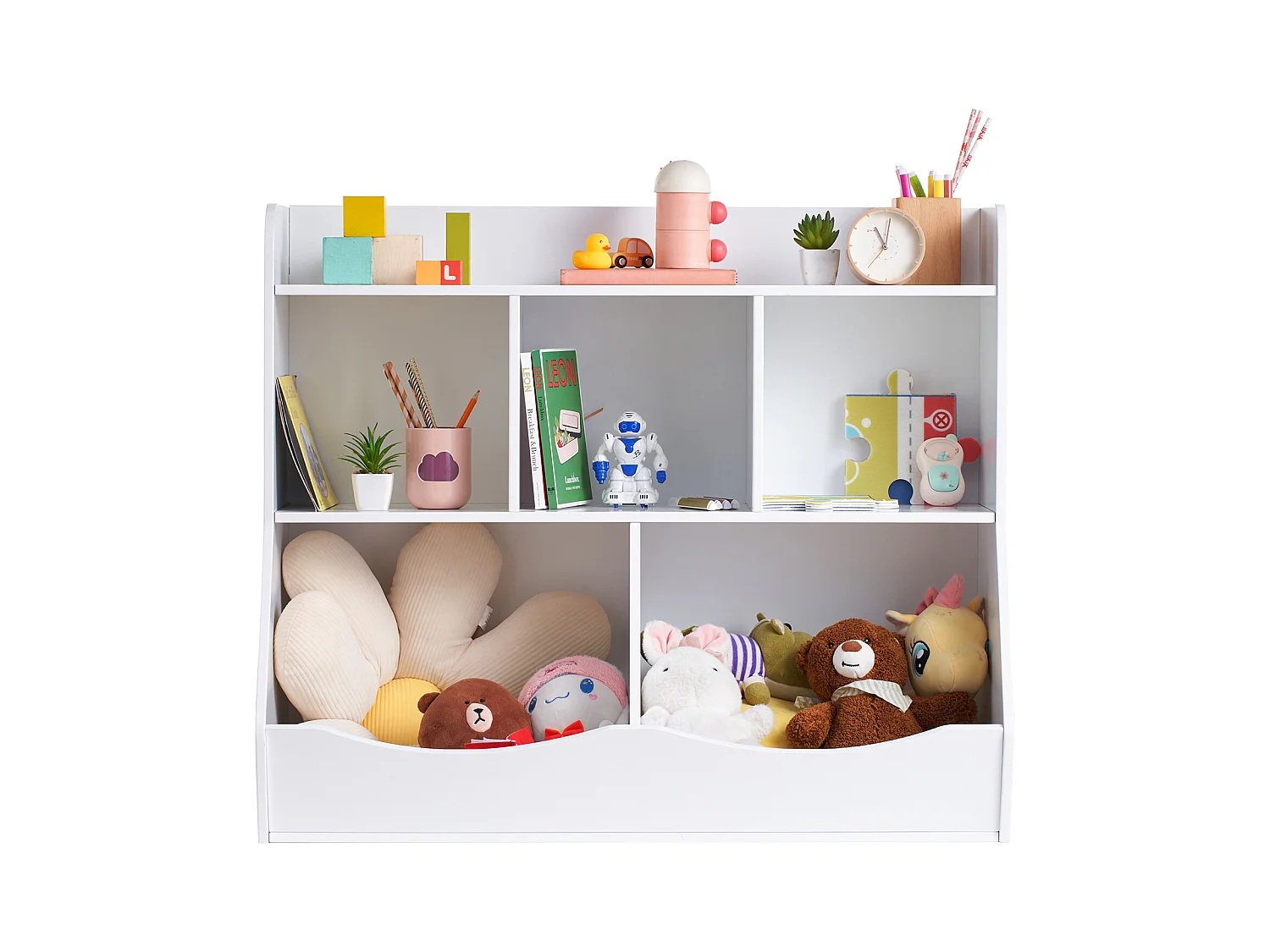 Casier de Rangement SucceBuy pour Enfants en Bois avec Étagère à Livres, 5 Compartiments, Blanc