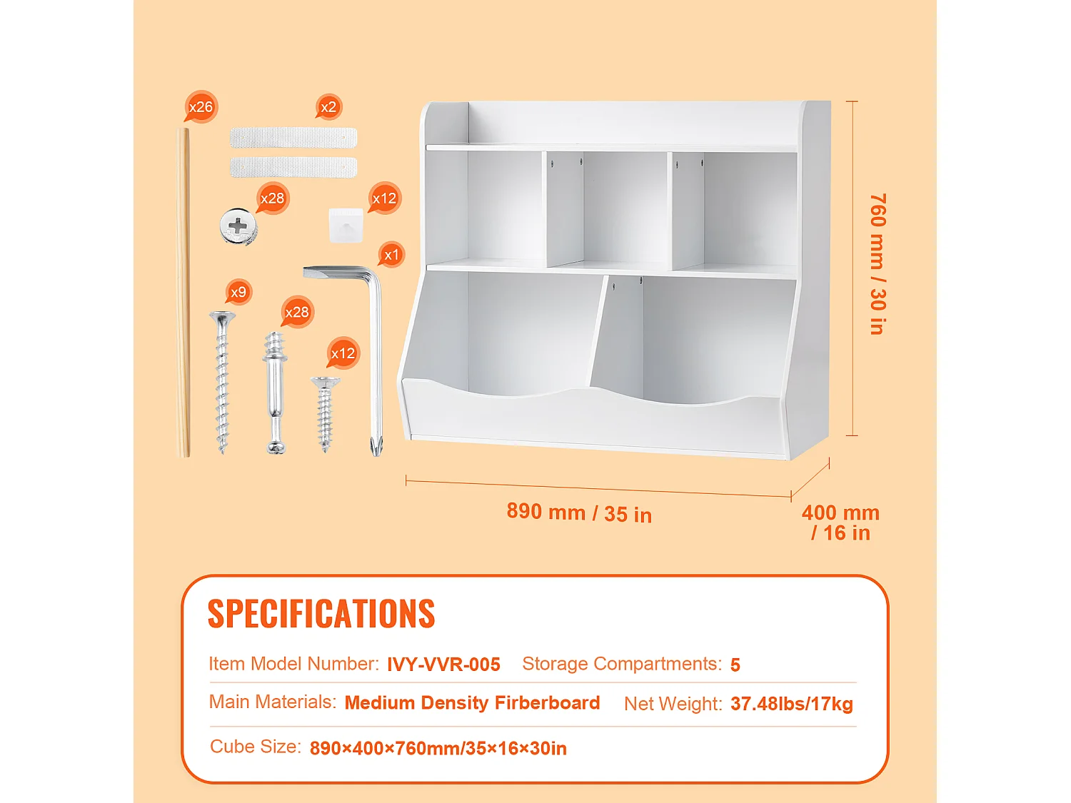 Aufbewahrungsschrank SucceBuy für Kinder aus Holz mit Bücherregal, 5 Fächer, Weiß
