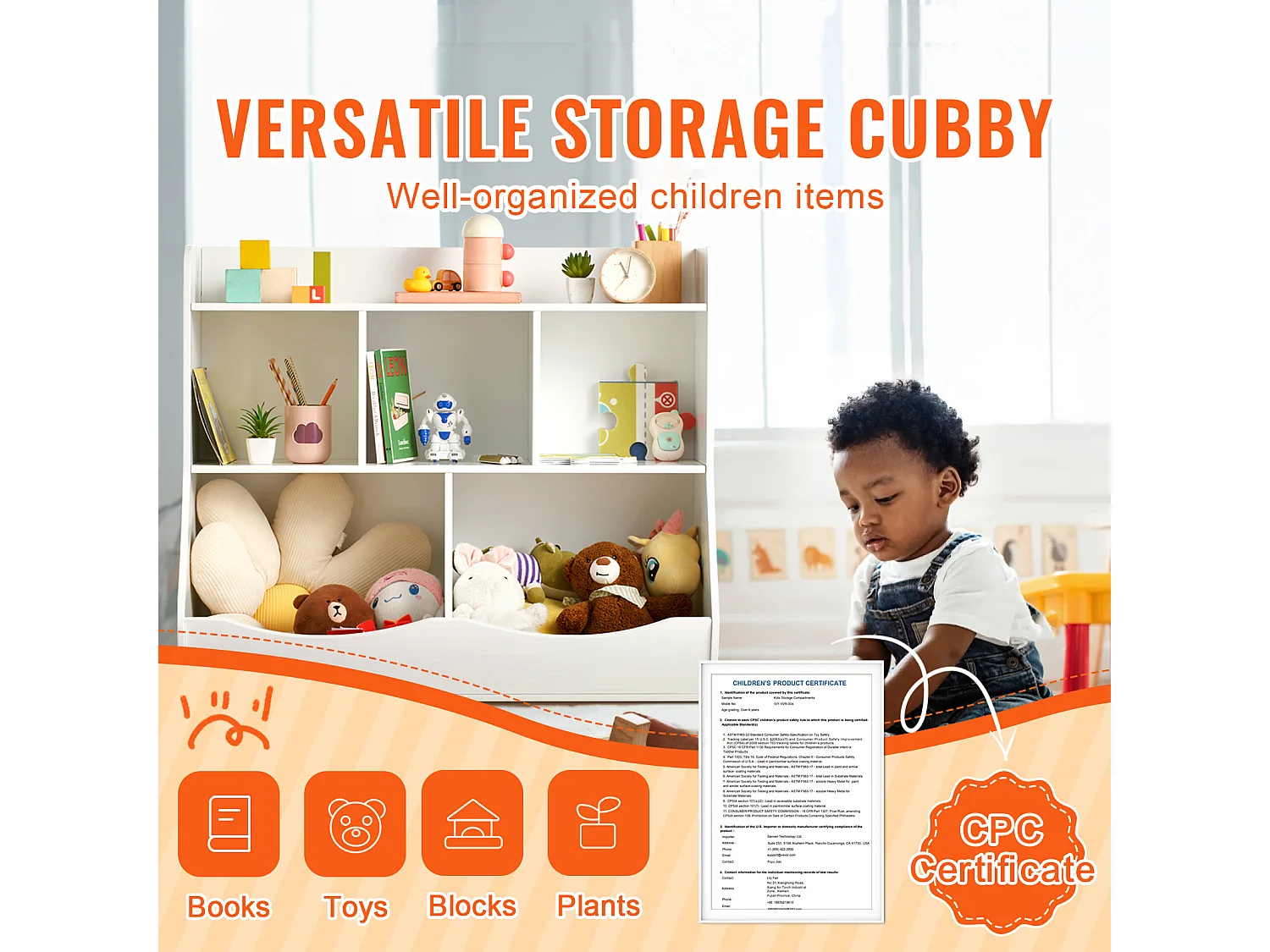 Aufbewahrungsschrank SucceBuy für Kinder aus Holz mit Bücherregal, 5 Fächer, Weiß