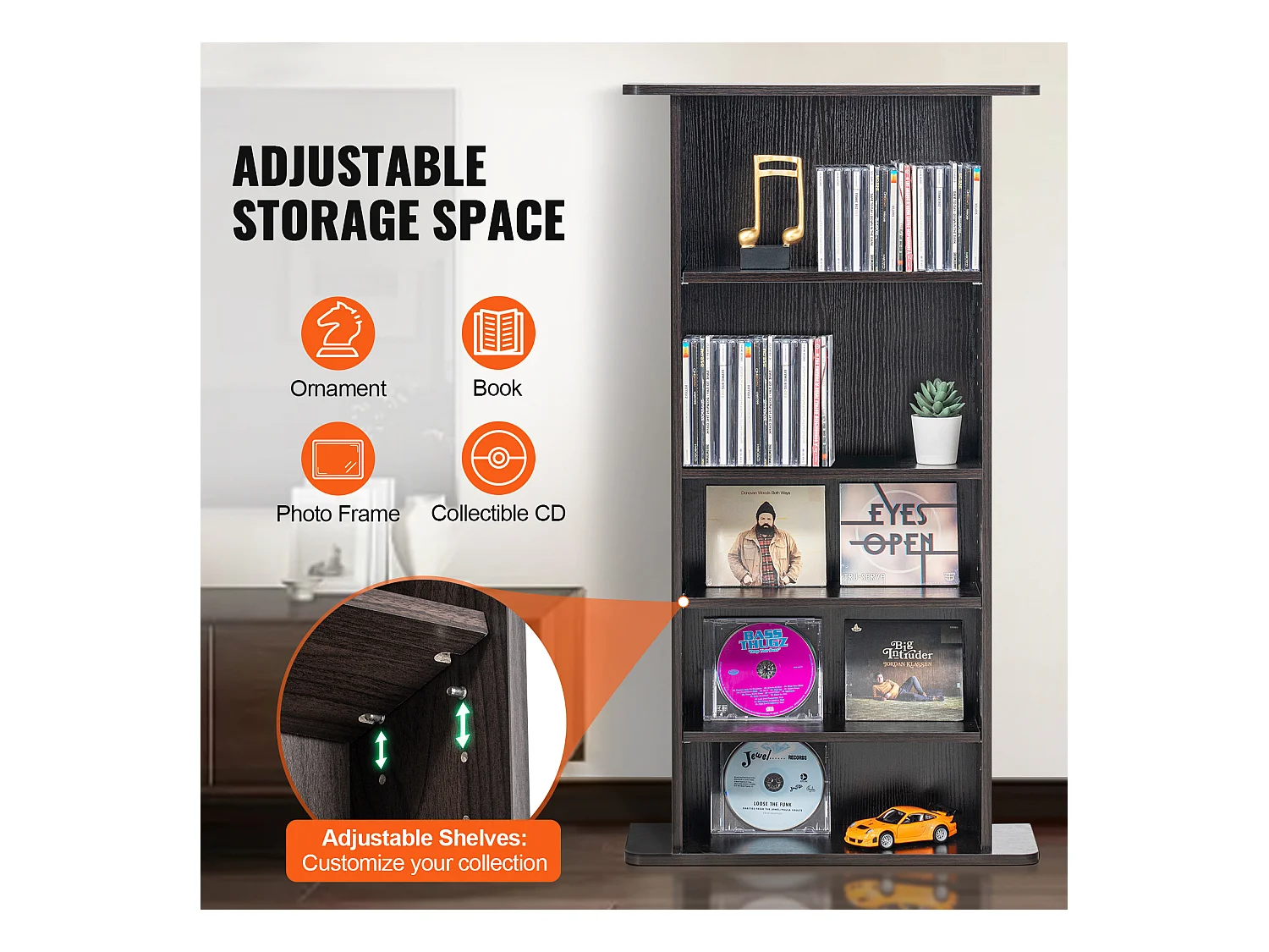 Meuble de Rangement Multimédia Réglable SucceBuy à 5 Niveaux, Pouvant Contenir 240 CD, Expresso